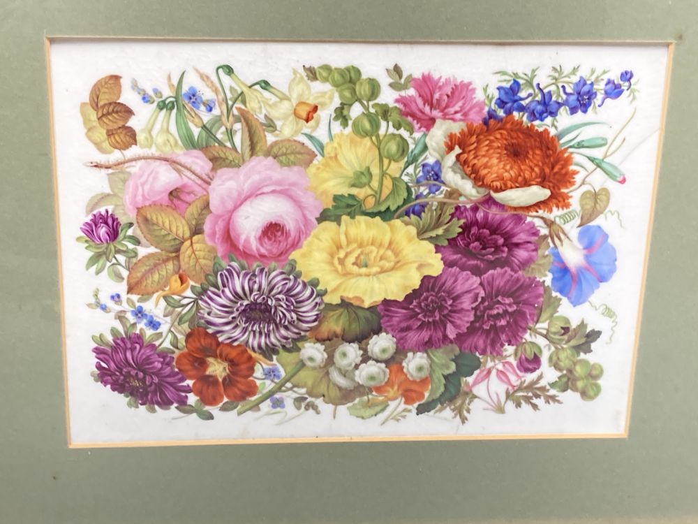 An English porcelain flower painted plaque, c.1830, 16.5 x 23cm and a Persian Qajar tile